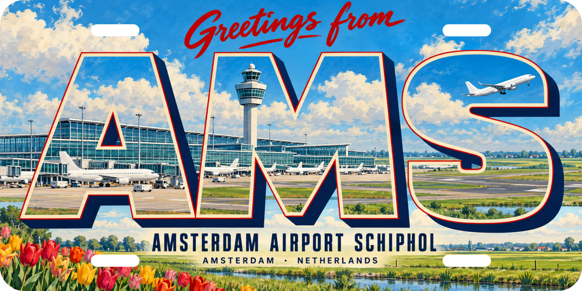 アムステルダム・スキポール空港 AMS 地域モチーフを組み合わせた架空の景観の絵葉書風ご当地プレート 完成イメージ