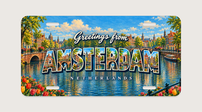 アムステルダム AMSTERDAM 運河、切妻屋根の家並み、アーチ橋、水辺の木々を文字内に描いたご当地プレート 完成イメージ