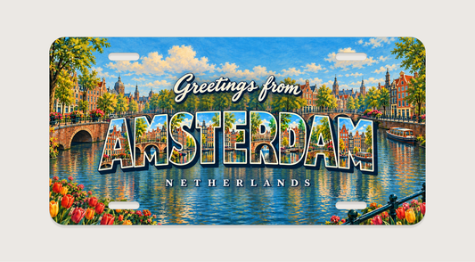 アムステルダム AMSTERDAM 運河、切妻屋根の家並み、アーチ橋、水辺の木々を文字内に描いたご当地プレート 完成イメージ