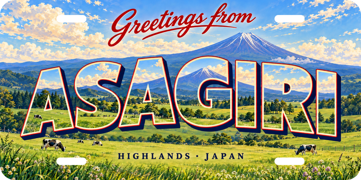 朝霧高原 ASAGIRI 地域モチーフを組み合わせた架空の景観の絵葉書風ご当地プレート 完成イメージ