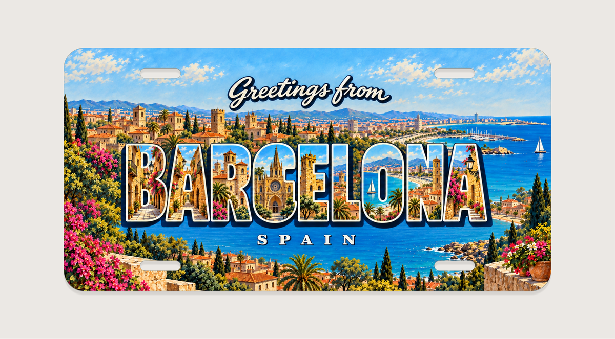 バルセロナ BARCELONA ゴシック地区の大聖堂、石造りの街並み、地中海の光を文字内に描いたご当地プレート 完成イメージ