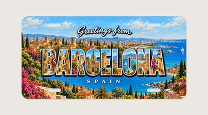 バルセロナ BARCELONA ゴシック地区の大聖堂、石造りの街並み、地中海の光を文字内に描いたご当地プレート 完成イメージ