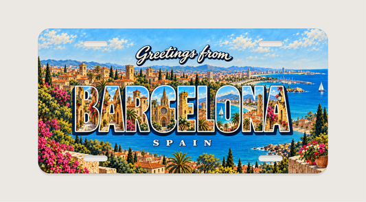 バルセロナ BARCELONA ゴシック地区の大聖堂、石造りの街並み、地中海の光を文字内に描いたご当地プレート 完成イメージ