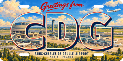 パリ・シャルル・ド・ゴール空港 CDG 地域モチーフを組み合わせた架空の景観の絵葉書風ご当地プレート 完成イメージ