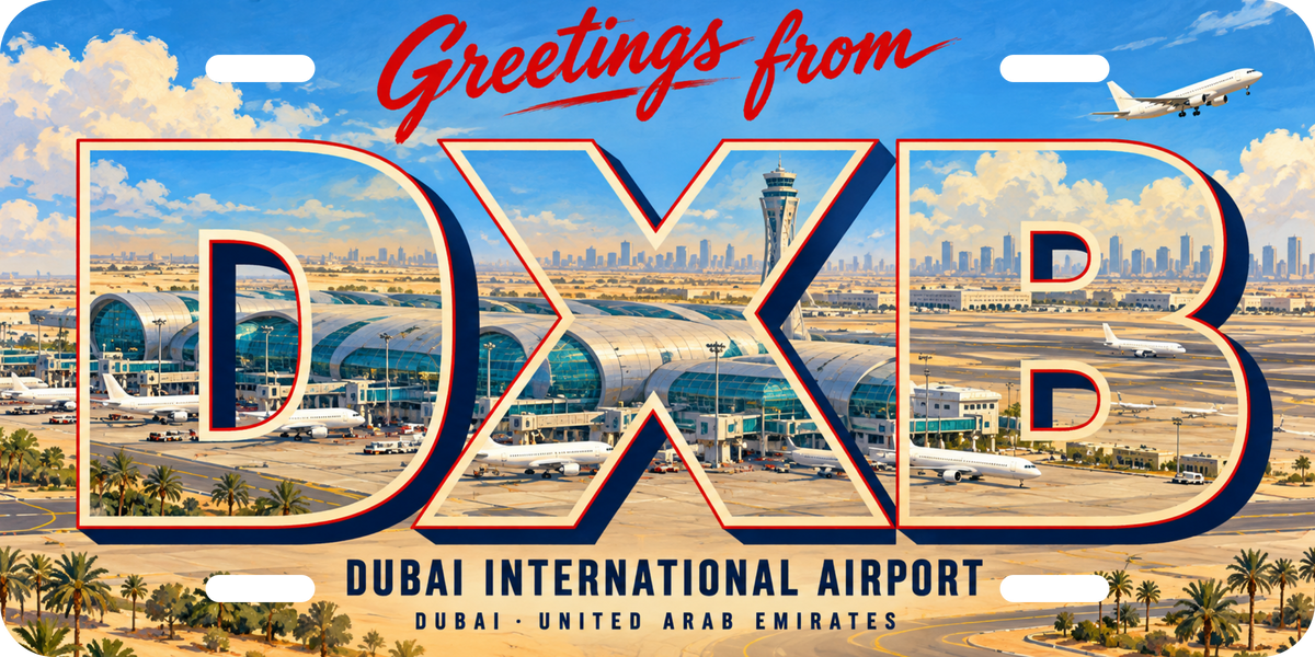 ドバイ国際空港 DXB 地域モチーフを組み合わせた架空の景観の絵葉書風ご当地プレート 完成イメージ