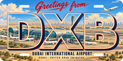 ドバイ国際空港 DXB 地域モチーフを組み合わせた架空の景観の絵葉書風ご当地プレート 完成イメージ