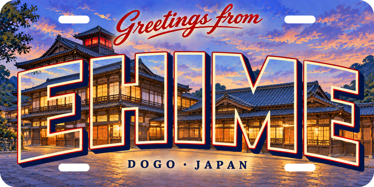 愛媛 EHIME 道後温泉本館をモチーフにした架空の景観の絵葉書風都道府県プレート 完成イメージ
