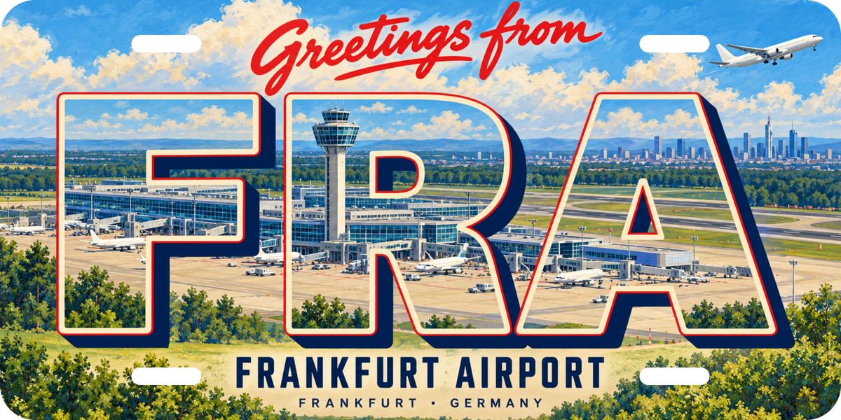 フランクフルト空港 FRA 地域モチーフを組み合わせた架空の景観の絵葉書風ご当地プレート 完成イメージ