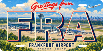 フランクフルト空港 FRA 地域モチーフを組み合わせた架空の景観の絵葉書風ご当地プレート 完成イメージ