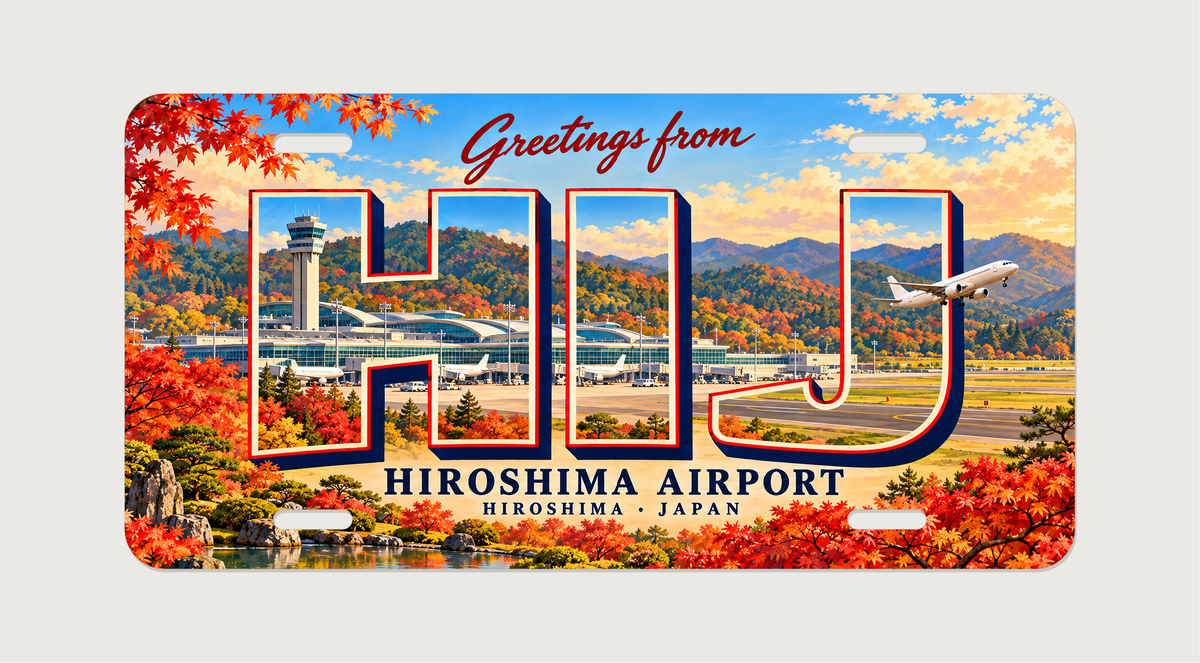 広島空港 HIJ 地域の風景を描いた絵葉書風ご当地プレート 完成イメージ
