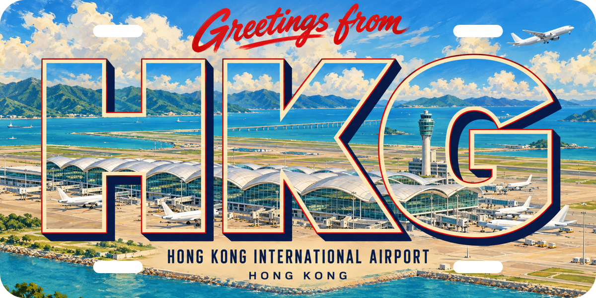 香港国際空港 HKG 地域モチーフを組み合わせた架空の景観の絵葉書風ご当地プレート 完成イメージ