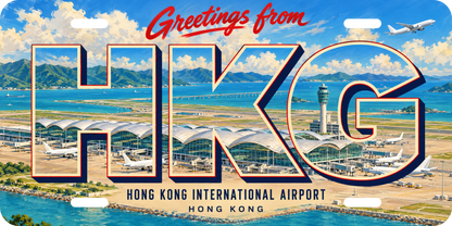 香港国際空港 HKG 地域モチーフを組み合わせた架空の景観の絵葉書風ご当地プレート 完成イメージ