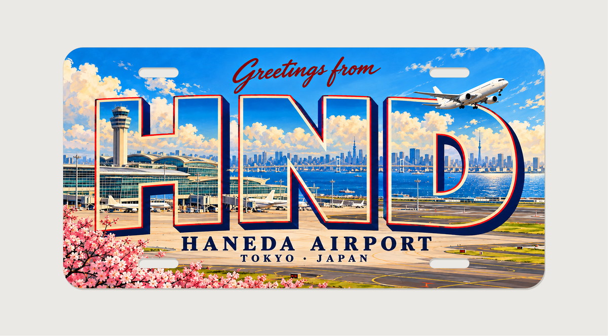 羽田空港 HND 東京湾と空港の風景を描いた絵葉書風ご当地プレート 完成イメージ