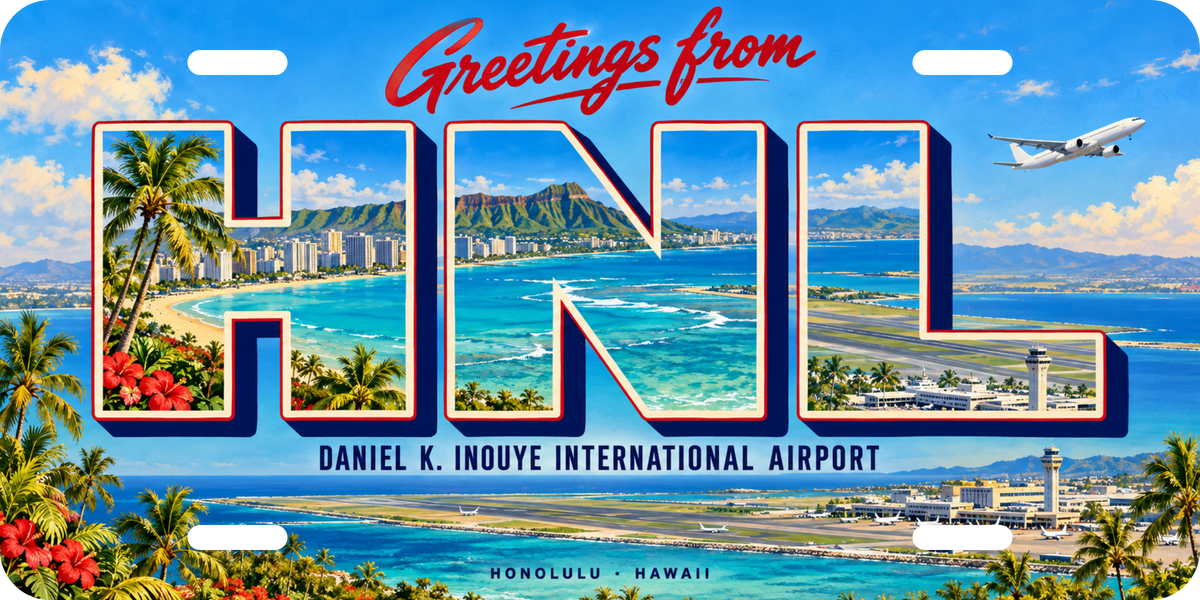 ダニエル・K・イノウエ国際空港（ホノルル） HNL 地域モチーフを組み合わせた架空の景観の絵葉書風ご当地プレート 完成イメージ