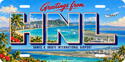 ダニエル・K・イノウエ国際空港（ホノルル） HNL 地域モチーフを組み合わせた架空の景観の絵葉書風ご当地プレート 完成イメージ
