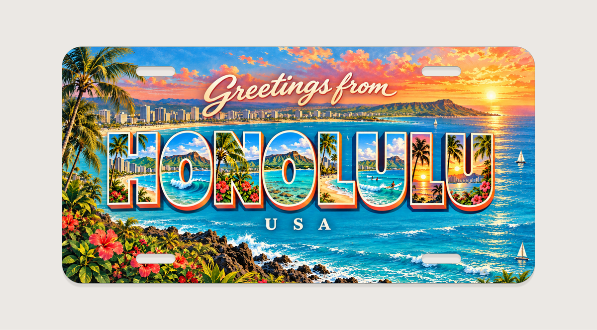 ホノルル HONOLULU 海岸と稜線、ヤシ、南国の花、サーフィンを文字内に描いたご当地プレート 完成イメージ