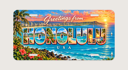 ホノルル HONOLULU 海岸と稜線、ヤシ、南国の花、サーフィンを文字内に描いたご当地プレート 完成イメージ
