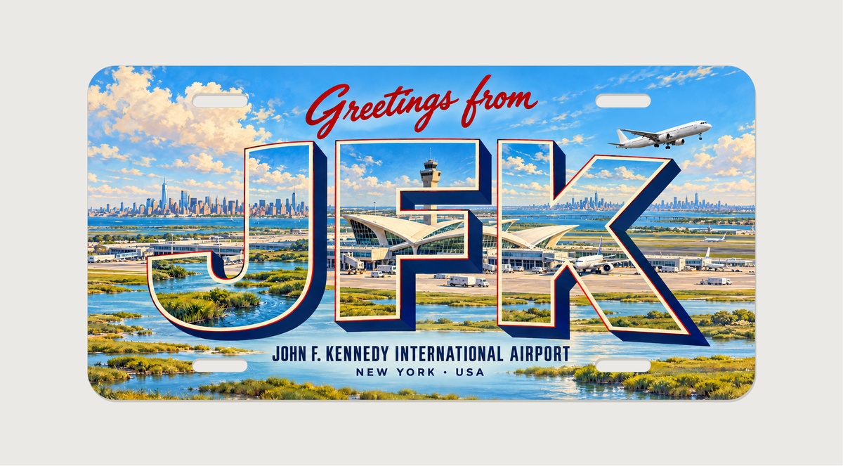 ジョン・F・ケネディ国際空港 JFK ニューヨークの地域モチーフを組み合わせた架空の景観の絵葉書風ご当地プレート 完成イメージ