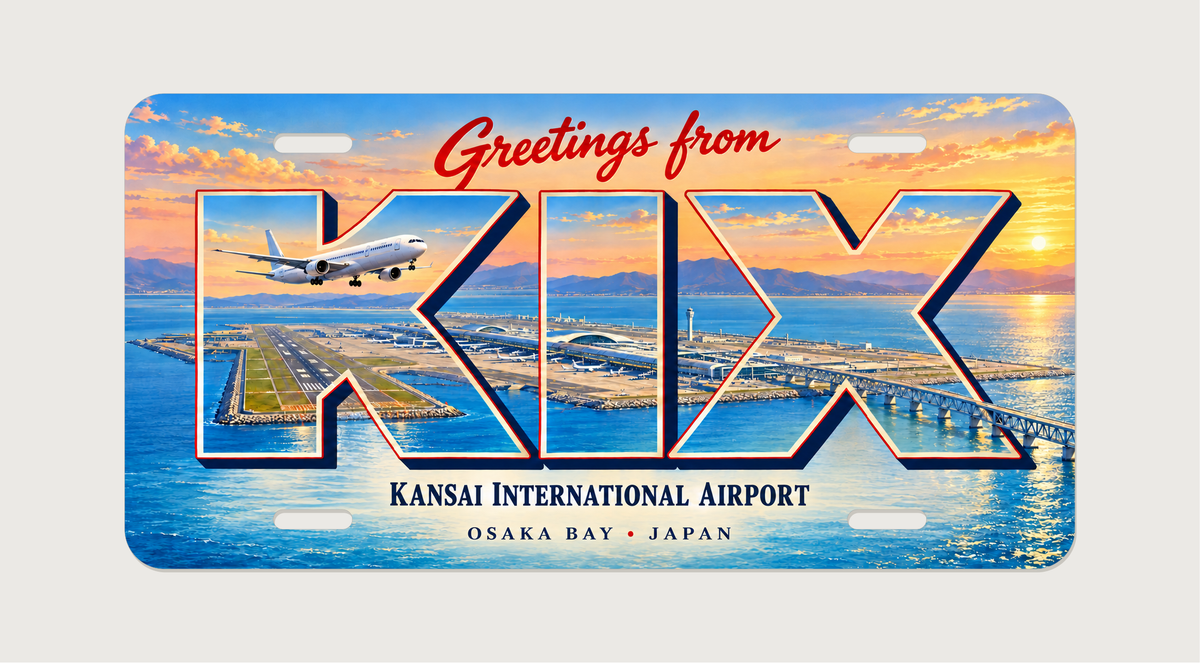 関西空港 KIX 大阪湾の空港島と連絡橋を描いた絵葉書風ご当地プレート 完成イメージ