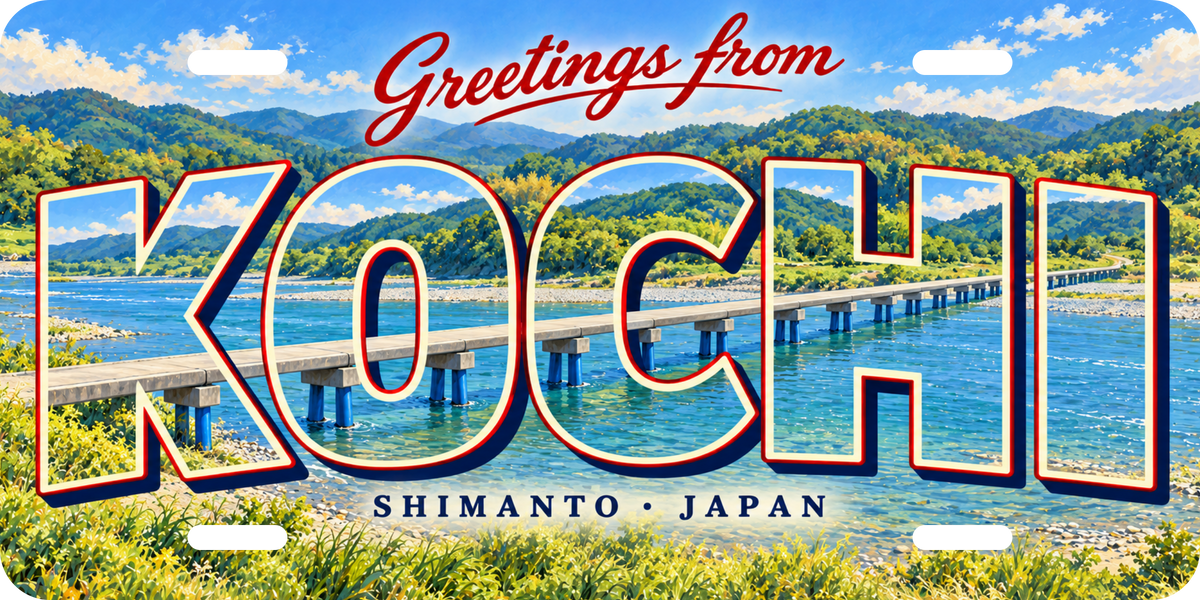 高知 KOCHI 四万十川 佐田沈下橋をモチーフにした架空の景観の絵葉書風都道府県プレート 完成イメージ
