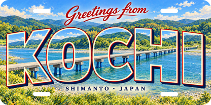 高知 KOCHI 四万十川 佐田沈下橋をモチーフにした架空の景観の絵葉書風都道府県プレート 完成イメージ