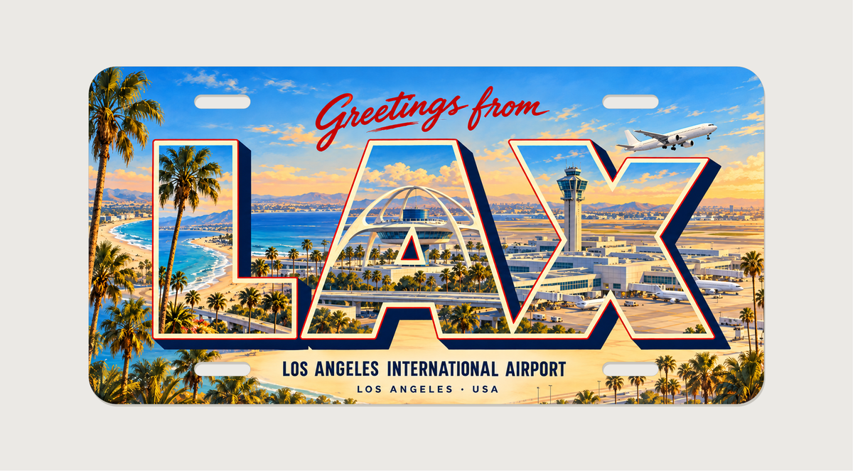 ロサンゼルス国際空港 LAX ロサンゼルスの地域モチーフを組み合わせた架空の景観の絵葉書風ご当地プレート 完成イメージ
