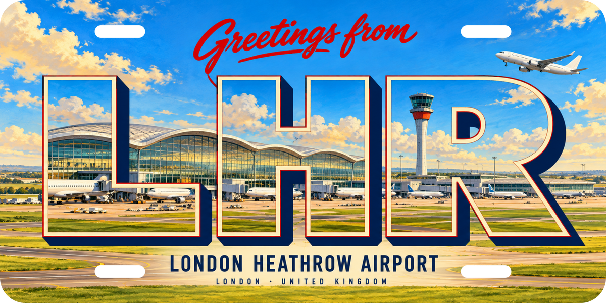 ロンドン・ヒースロー空港 LHR 地域モチーフを組み合わせた架空の景観の絵葉書風ご当地プレート 完成イメージ
