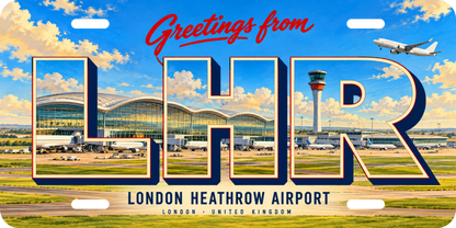 ロンドン・ヒースロー空港 LHR 地域モチーフを組み合わせた架空の景観の絵葉書風ご当地プレート 完成イメージ