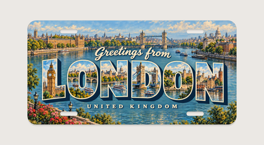 ロンドン LONDON 時計塔、タワーブリッジ、テムズ川、歴史ある街並みを文字内に描いたご当地プレート 完成イメージ