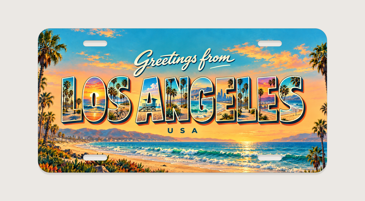ロサンゼルス LOS ANGELES ヤシ、ビーチ、遊歩道、ライフガードタワーを文字内に描いた世界のご当地プレートシリーズ 完成イメージ