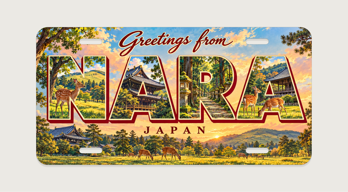 奈良 NARA 鹿と寺院の屋根、石灯籠を文字内に描いたご当地プレート 完成イメージ