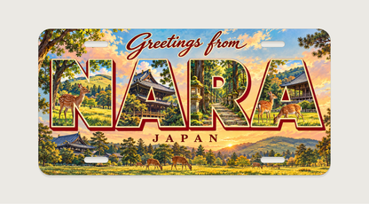 奈良 NARA 鹿と寺院の屋根、石灯籠を文字内に描いたご当地プレート 完成イメージ