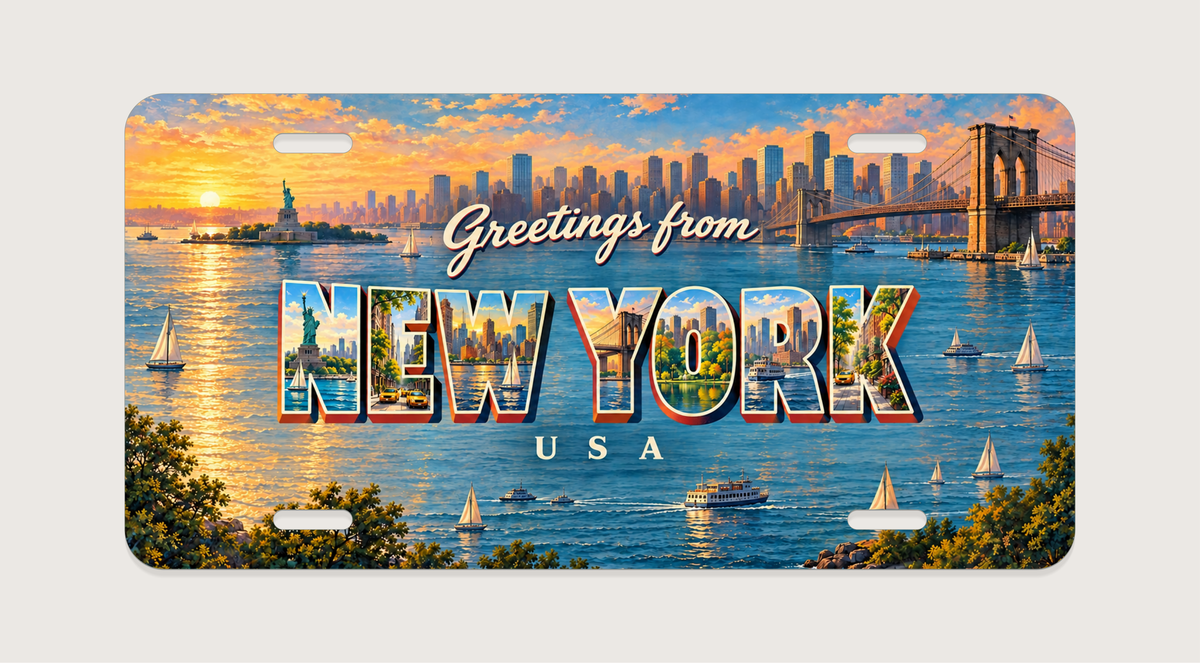 ニューヨーク NEW YORK 自由の女神、港、橋、公園、黄色いタクシーを文字内に描いたご当地プレート 完成イメージ