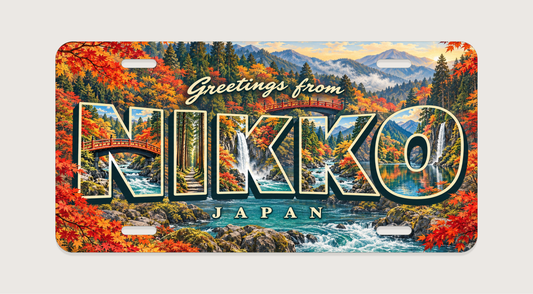 日光 NIKKO 杉並木、滝、朱色の橋を文字内に描いたご当地プレート 完成イメージ