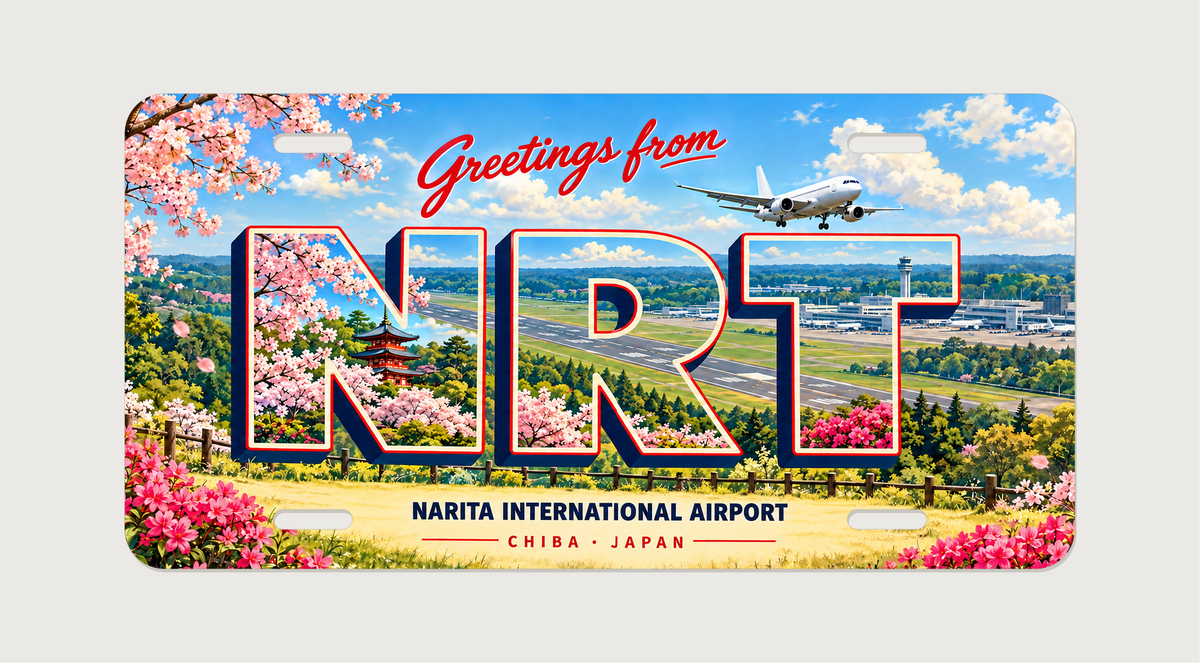 成田空港 NRT 春の花と緑の滑走路を描いた絵葉書風ご当地プレート 完成イメージ