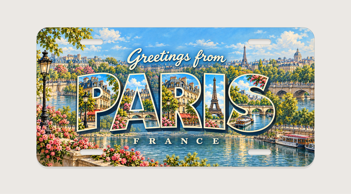 パリ PARIS 日中のエッフェル塔、セーヌ川、石造りの橋、街並みと花を文字内に描いたご当地プレート 完成イメージ