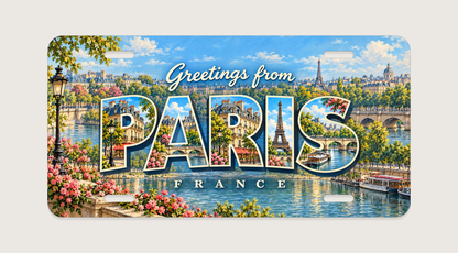 パリ PARIS 日中のエッフェル塔、セーヌ川、石造りの橋、街並みと花を文字内に描いたご当地プレート 完成イメージ