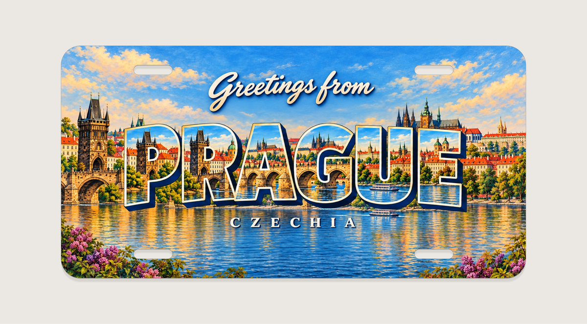 プラハ PRAGUE カレル橋、旧市街橋塔、ヴルタヴァ川、赤い屋根の街並みを文字内に描いたご当地プレート 完成イメージ