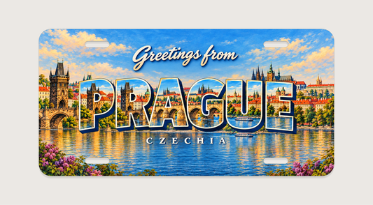 プラハ PRAGUE カレル橋、旧市街橋塔、ヴルタヴァ川、赤い屋根の街並みを文字内に描いたご当地プレート 完成イメージ