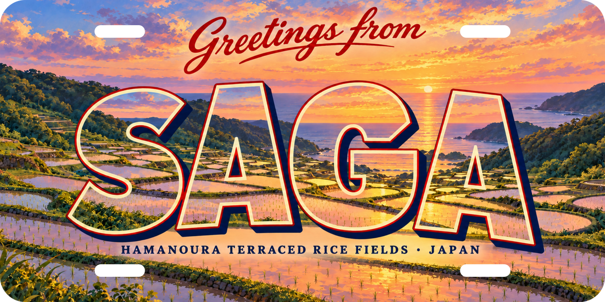 佐賀 SAGA 浜野浦の棚田をモチーフにした架空の景観の絵葉書風都道府県プレート 完成イメージ