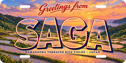 佐賀 SAGA 浜野浦の棚田をモチーフにした架空の景観の絵葉書風都道府県プレート 完成イメージ