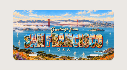 サンフランシスコ SAN FRANCISCO 赤い吊り橋、湾、坂道の家並み、路面電車を文字内に描いた世界のご当地プレートシリーズ 完成イメージ