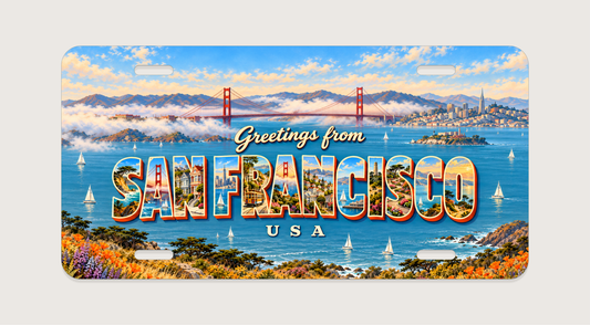 サンフランシスコ SAN FRANCISCO 赤い吊り橋、湾、坂道の家並み、路面電車を文字内に描いた世界のご当地プレートシリーズ 完成イメージ