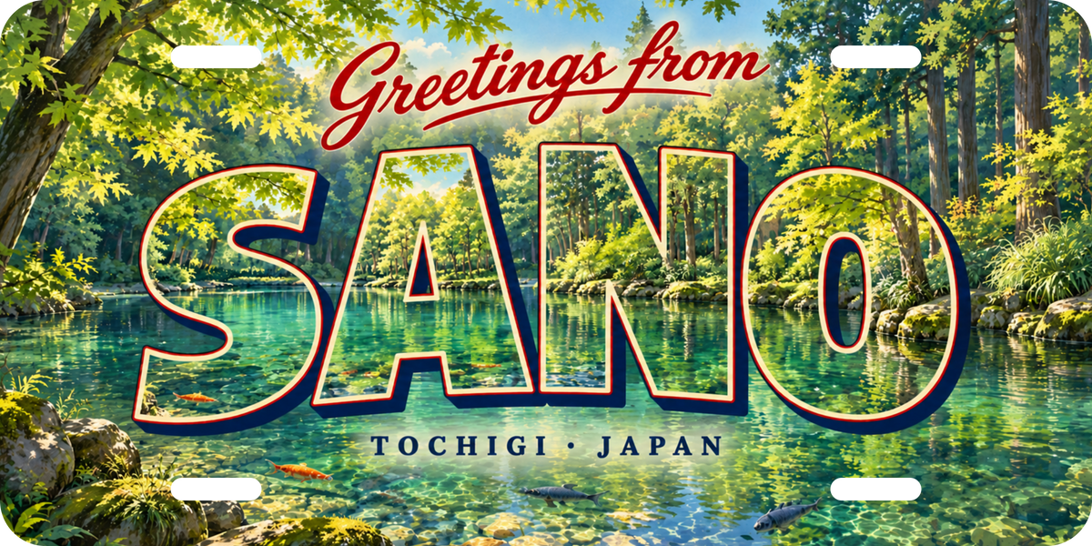 佐野 SANO 地域モチーフを組み合わせた架空の景観の絵葉書風ご当地プレート 完成イメージ