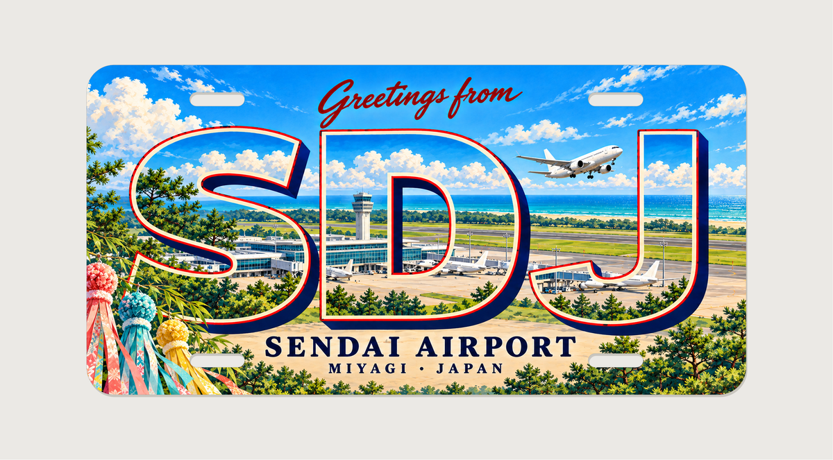 仙台空港 SDJ 地域の風景を描いた絵葉書風ご当地プレート 完成イメージ
