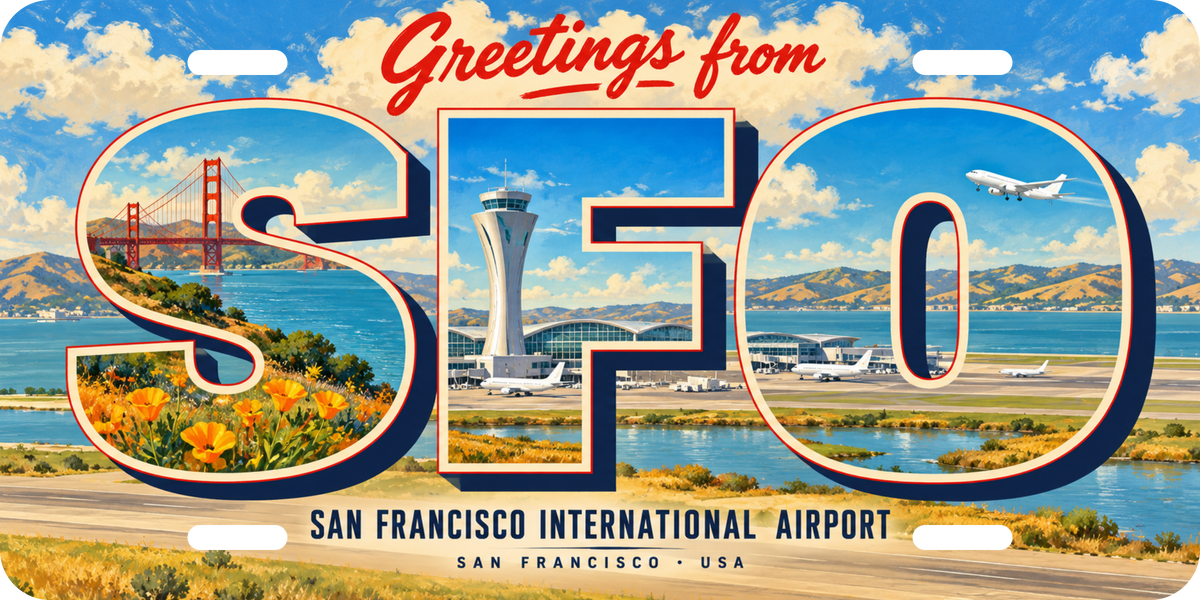 サンフランシスコ国際空港 SFO 地域モチーフを組み合わせた架空の景観の絵葉書風ご当地プレート 完成イメージ