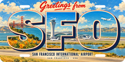 サンフランシスコ国際空港 SFO 地域モチーフを組み合わせた架空の景観の絵葉書風ご当地プレート 完成イメージ