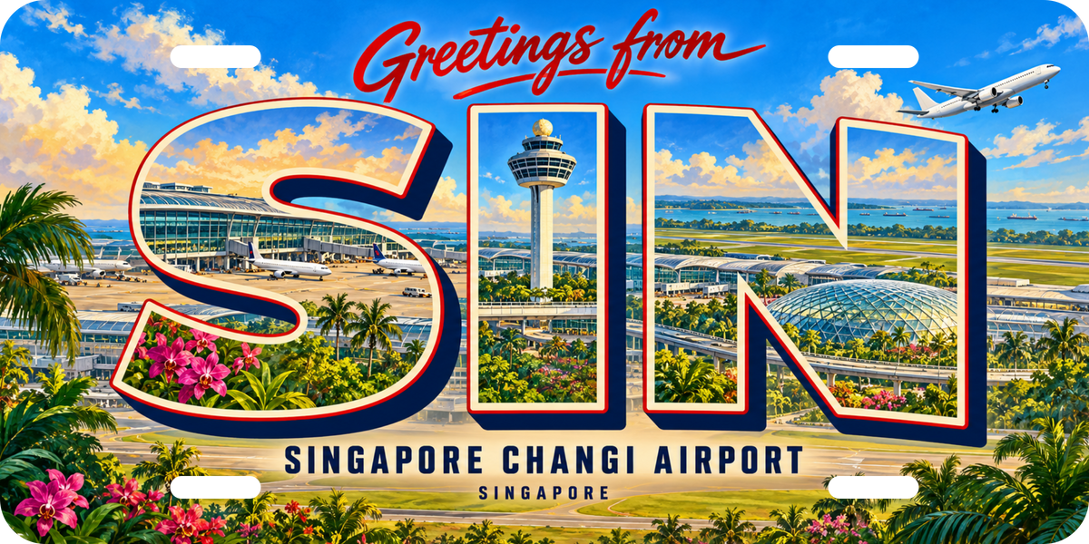 シンガポール・チャンギ空港 SIN 地域モチーフを組み合わせた架空の景観の絵葉書風ご当地プレート 完成イメージ
