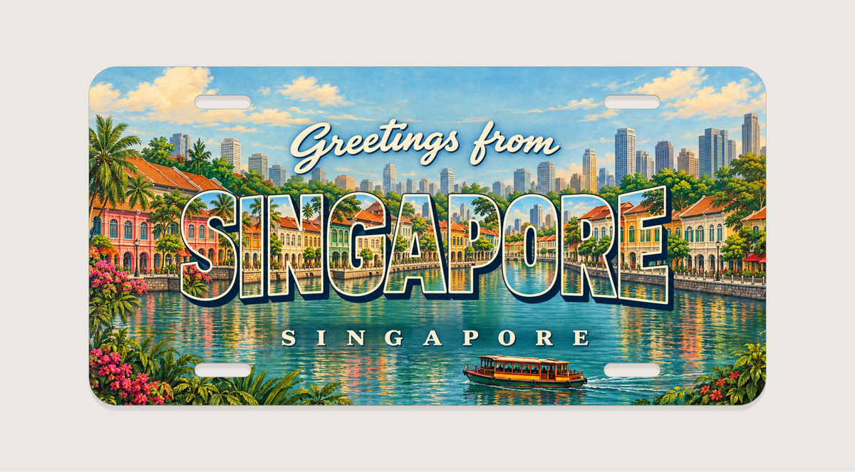 シンガポール SINGAPORE ボートキーの歴史あるショップハウス、川、小舟、熱帯の緑を文字内に描いたご当地プレート 完成イメージ