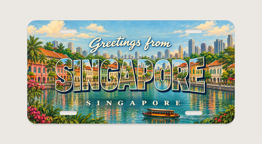 シンガポール SINGAPORE ボートキーの歴史あるショップハウス、川、小舟、熱帯の緑を文字内に描いたご当地プレート 完成イメージ